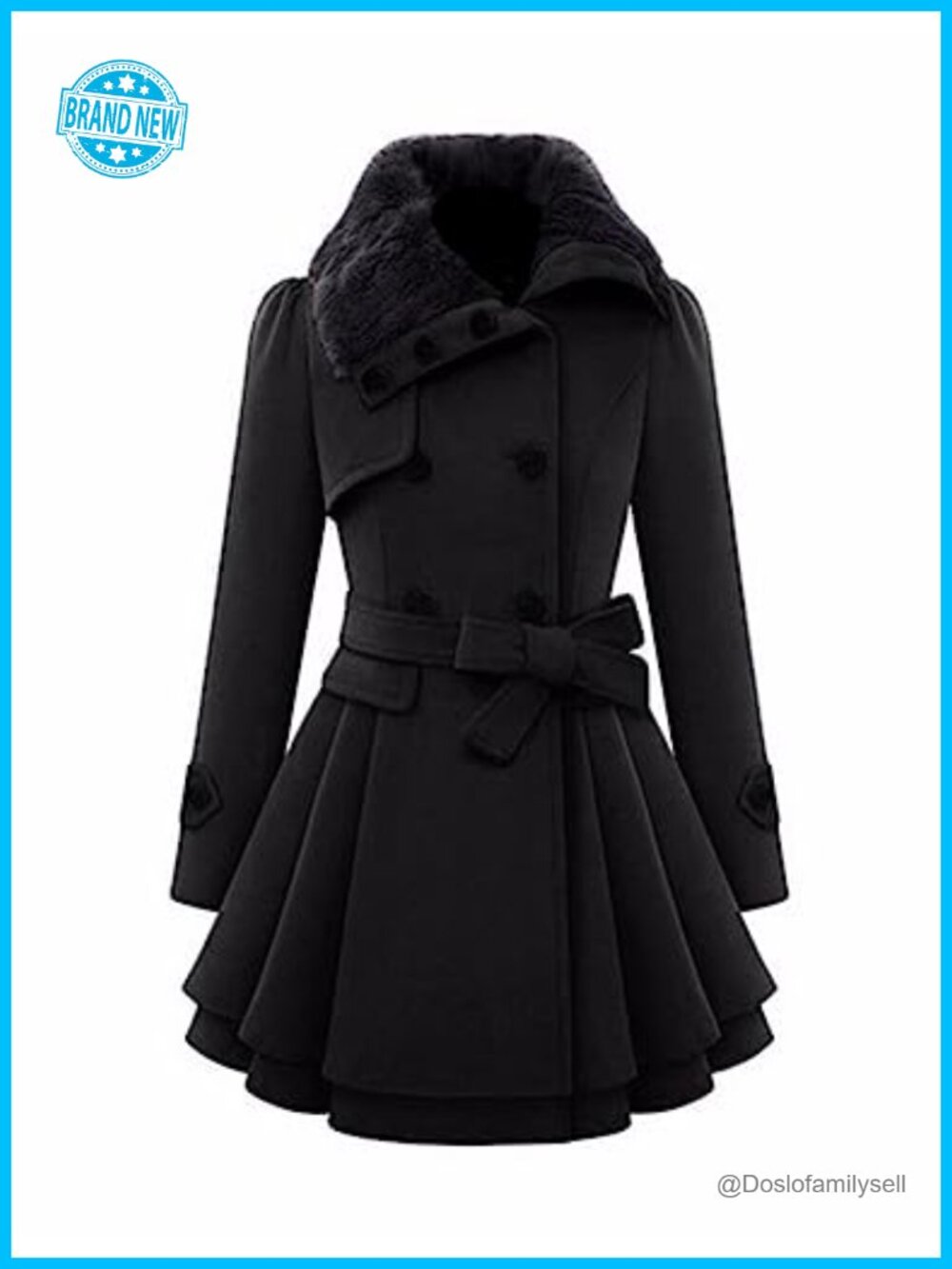 Faux Fur Lapel Double-Breasted Trench Coat Wool Blend Pea Coat A-Line Flared